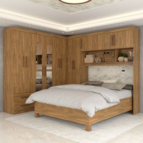 Guarda-roupa Casal Modulado com Cama Belgrado 11 Portas 6 Gavetas com Espelho Cinamomo - Panorama Mó