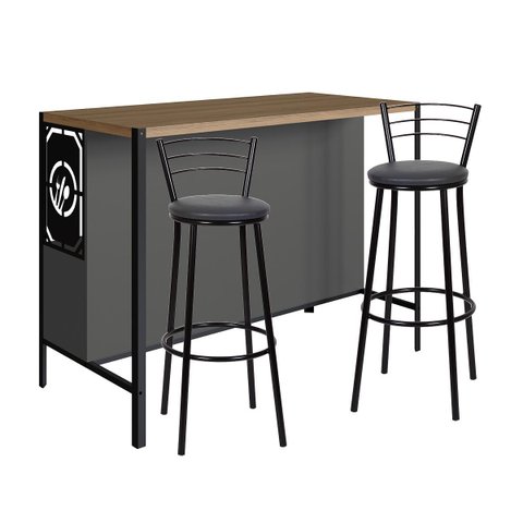 Mesa Bancada Gourmet Estilo Industrial Grafite com 2 Banquetas
