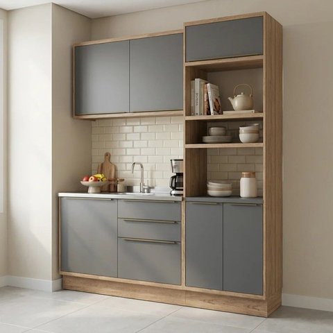 Cozinha Compacta Modulada 3 Peças com Armário Aéreo, Balcão e Torre Quente 100% MDF Viena Louro Frei