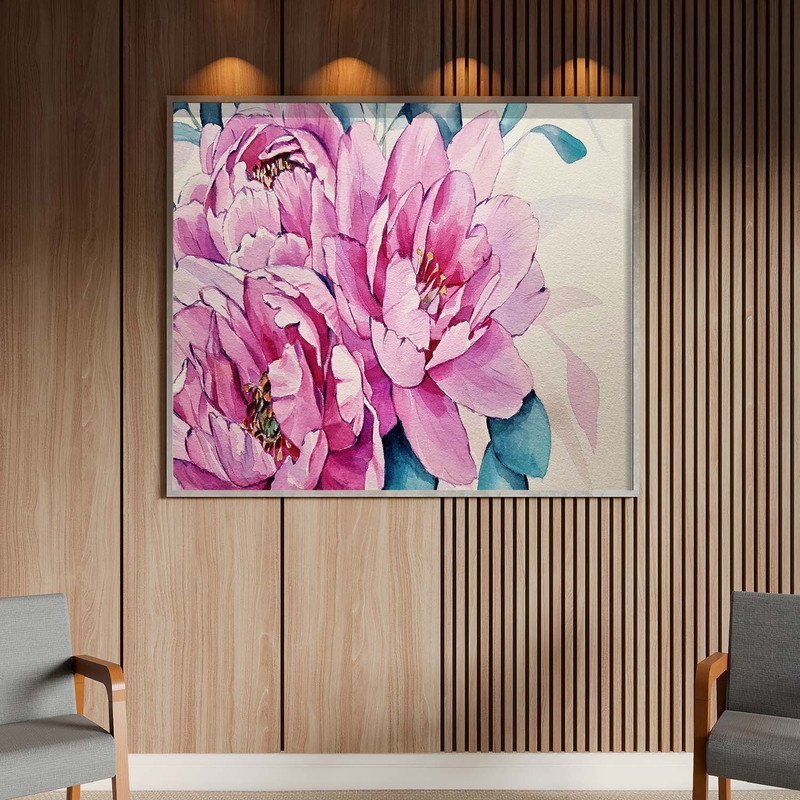Quadro Decorativo Tela Canvas Flores e Folhas Douradas com Moldura Prata - 200x100 Cm