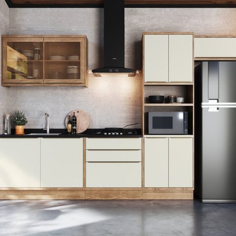 Cozinha Modulada 5 Peças 9 Portas 3 Gavetas com Divisor de Talheres 1 Nicho para Forno Viena Bege