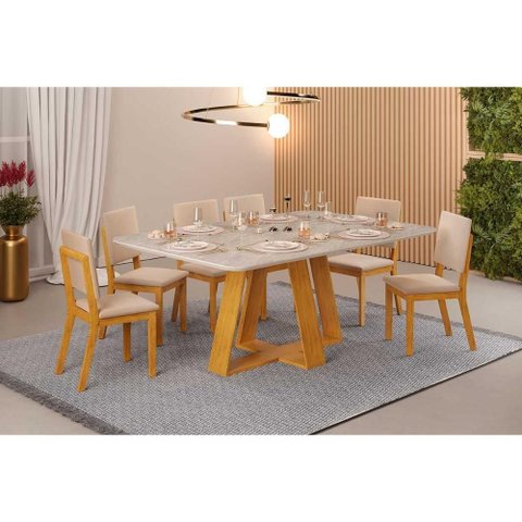 Sala de Jantar Completa Celeste C/ Tampo Madeirado Retangular 170x90cm e 6 Cadeiras Talia Cedro/