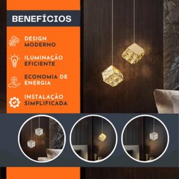 Luminária Pendente Cubo Quadrado de Cristal 10w - Led Bivolt - 5