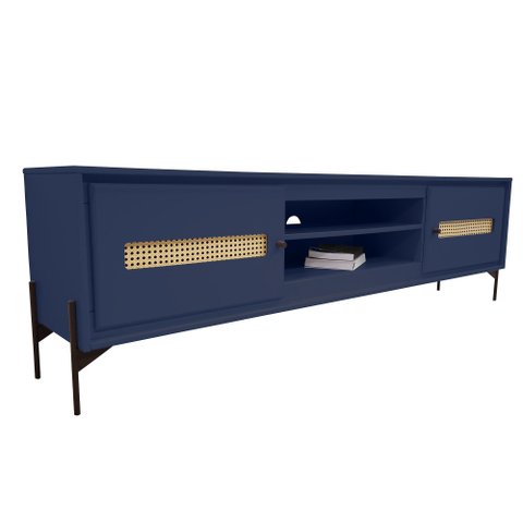 Rack Sala Tv até 75 Polegadas Paraty 180 Cm Laca Pés Metal Palhinha Azul Gloss