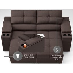 Sofá com Porta Copos e Carregador USB Retrátil e Reclinável Ringo 1,70m Velosuede Chocolate - - 6
