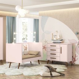 Conjunto Quarto Bebê Q Encanto Retrô Rosa: Cômoda Sapateira 4 Gavetas e Berço Multifuncional 2x1 - Q - 2