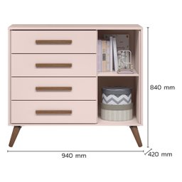 Conjunto Quarto Bebê Q Encanto Retrô Rosa: Cômoda Sapateira 4 Gavetas e Berço Multifuncional 2x1 - Q - 4