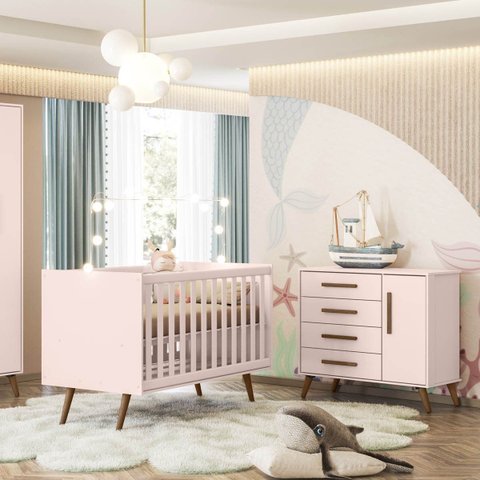Conjunto Quarto Bebê Q Encanto Retrô Rosa: Cômoda Sapateira 4 Gavetas e Berço Qmovi