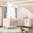 Ver imagem 1 de Conjunto Quarto Bebê Q Encanto Retrô Rosa: Cômoda Sapateira 4 Gavetas e Berço Qmovi