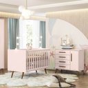 Ver imagem 1 de Conjunto Quarto Bebê Q Encanto Retrô Rosa: Cômoda Sapateira 4 Gavetas e Berço Multifuncional 2x1 - Q