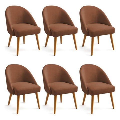 Kit 06 Cadeiras Poltrona de Jantar Estofada Luna Bouclê Terracota Pés Palito Castanho