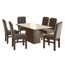 Ver imagem 2 de Conjunto Sala de Jantar Mesa 90x160cm Tampo Vidro com 6 Cadeiras Madeira Maciça Tecido Joli Cinza/Tabaco/Off White