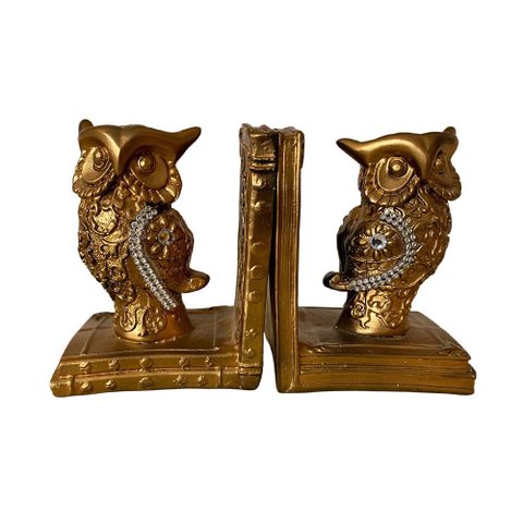 Par de Escultura Decorativa Coruja Dourado Porta-livros 13x11x8cm