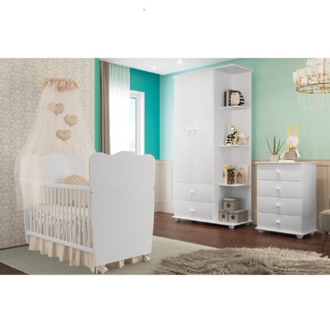 Quarto de Bebê Completo com 1 Berço Cama 1 Roupeiro 1 Cômoda Sol Branco