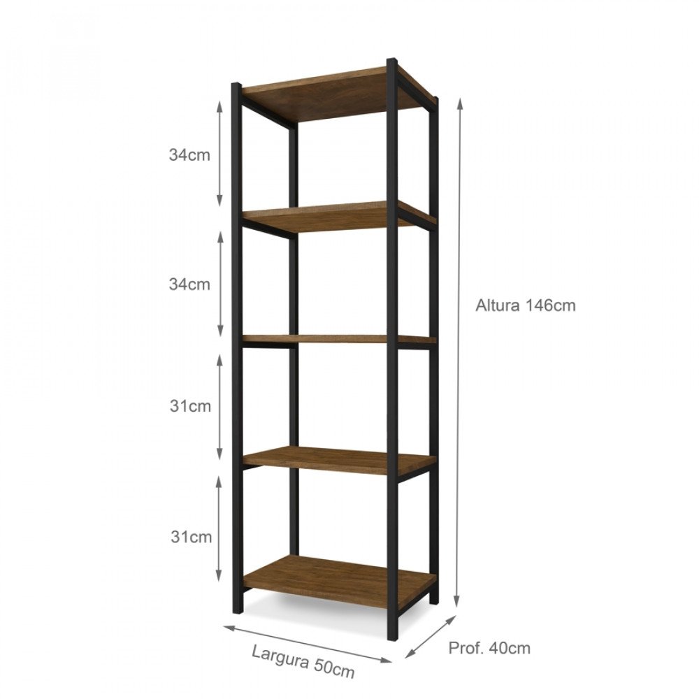 Estante para Livros 146cm em Aço Industrial 5 Prateleiras Klm Store - 3