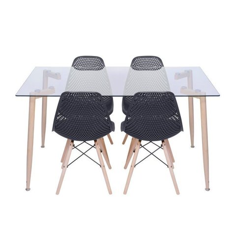 Conjunto de Sala de Jantar Mesa com Tampo de Vidro com 4 Cadeiras Base de Madeira Colmeia Preto