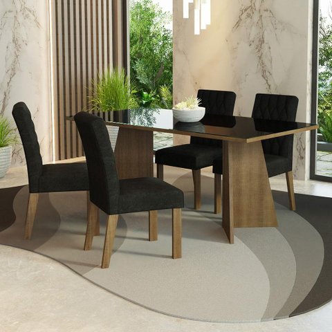 Conjunto Sala de Jantar Mesa Tampo de Vidro 4 Cadeiras Rustic-preto-oxford Harper Madesa