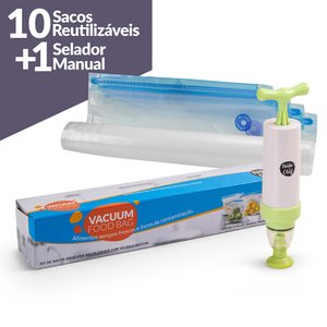 Jogo de 10 Sacos Reutilizáveis Vacuum 4 L e Selador a Vácuo Manual Moda do Chef