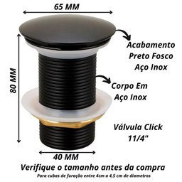 Kit 2 Valvula Lavatorio Pia Banheiro Click 1 1/4 Inox Preto - 2