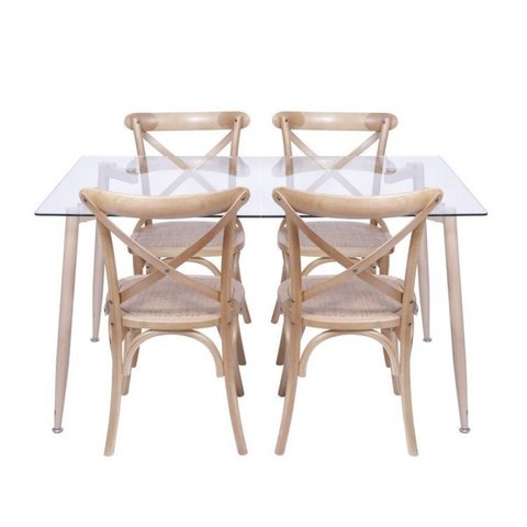 Conjunto de Sala de Jantar Mesa com Tampo de Vidro com 4 Cadeiras de Madeira Bege