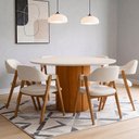 Ver imagem 1 de Mesa Redonda Tampo de Vidro Verbena 135cm Ypê Off White N01 com 6 Cadeiras Nadja Linho Cru - Lyam de