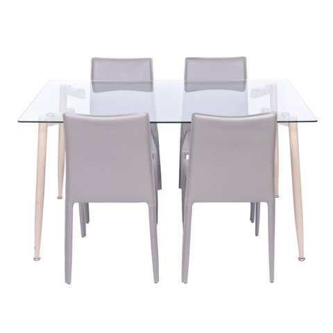 Conjunto Sala de Jantar Mesa com Tampo em Vidro e 4 Cadeiras em Metal e Corino Glam Cinza