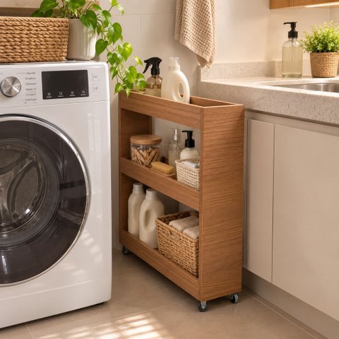 Organizador para Produtos de Limpeza e Panos / Área de Serviço com 3 Prateleira Branco e Rodas