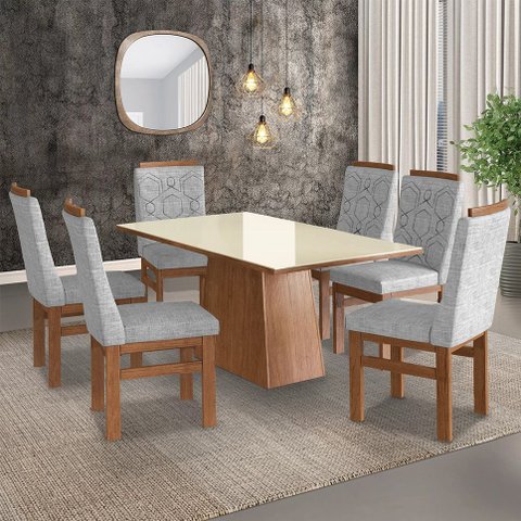 Conjunto Mesa 160x82cm e 6 Cadeiras Madeira Maciça Cinza/Canela/Linho