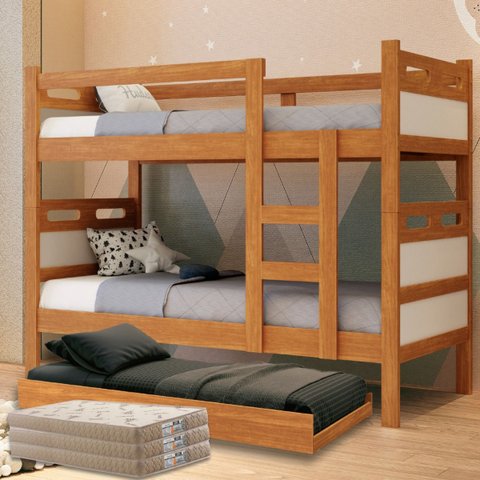 Beliche com Cama Auxiliar 03 Colchões D20 Treliche Completa Cor:off-white