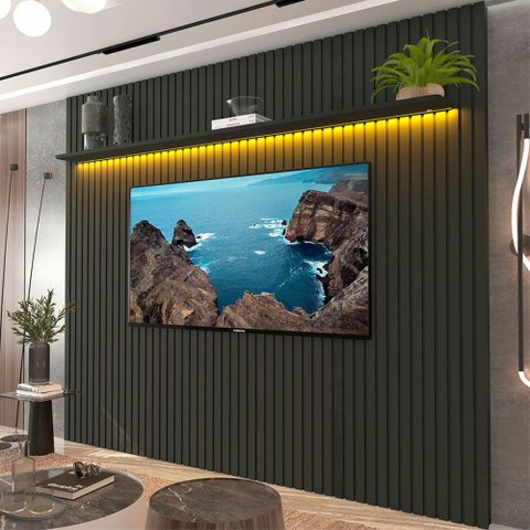 Painel para TV até 85 Polegadas Sole 1 Prateleira Ripado 100% MDF Grafite - Pnr Móveis