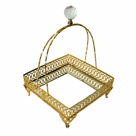Bandeja Espelhado Quadrada Dourado - 63x28x42cm - Bandeja de Luxo em Metal Nobre com Detalhes - Deco