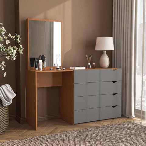Cômoda Penteadeira Porto 4 Gavetas com Espelho 149x160cm Cinza/Freijó 240889