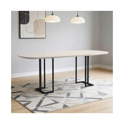 Mesa de Jantar 8 Lugares Retangular Orgânico com Vidro 200cm Pés Industrial Alina N01 Off White Pret