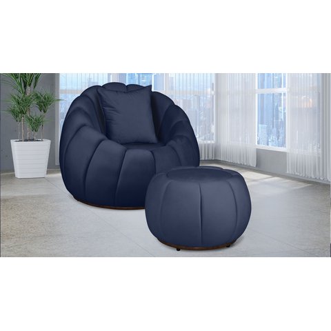 Kit Poltrona Decorativa C/ Puff + Almofada Concha Veludo Azul Marinho - Londrilar