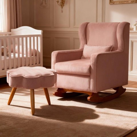 Poltrona de Amamentação Balanço com Puff Aurora Conforto Tecido Veludo, Estilo e Funcionalidade para