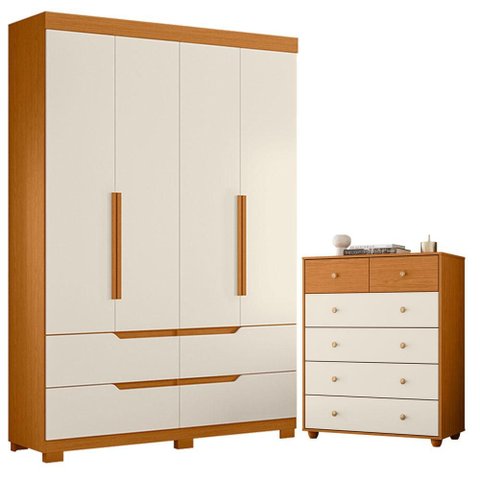 Guarda Roupa Solteiro Doble 04 Portas e Cômoda Vittoria Cinamomo Off White - Móveis Albatroz