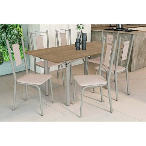 Conjunto: Mesa Sala Jantar Elba C/ Tampo de Madeira 160cm e 6 Cadeiras Florença Niquel/nogueira -