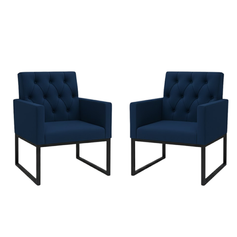 Kit 2 Poltronas Decorativas Reforçada Recepção Base Ferro Azul-marinho