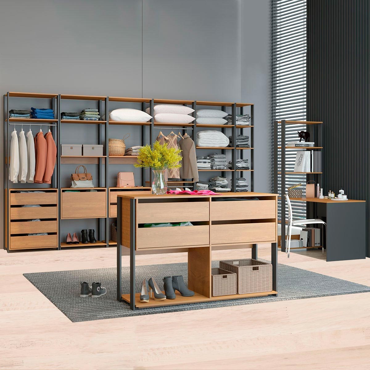 Conjunto Closet Aberto Modulado Estilo Industrial 8 Peças MDP Carvalho ...