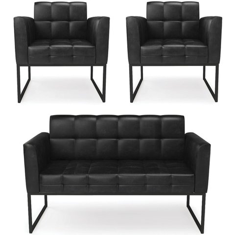 Sofá Namoradeira e 2 Poltronas Base Industrial Preto Ana Sintético Pu Preto - Ibiza