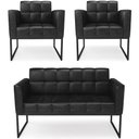 Ver imagem 1 de Sofá Namoradeira e 2 Poltronas Base Industrial Preto Ana Sintético Pu Preto - Ibiza