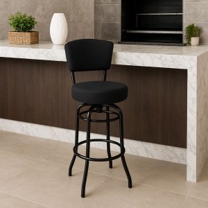 Banqueta Alta Bar Giratória com Encosto Cor Preta Assento Grosso Confortável Linho Preto