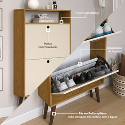 Sapateira com 2 Portas Basculantes Drex para Hall de Entrada ou Quarto - Nature com Off White - 5