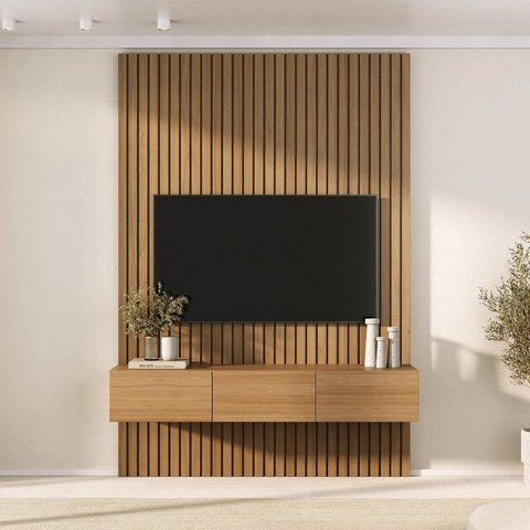 Rack com Painel Ripado TV 60 Polegadas Planejado 160x230cm Aruá CabeCasa MadeiraOriginals Marrom