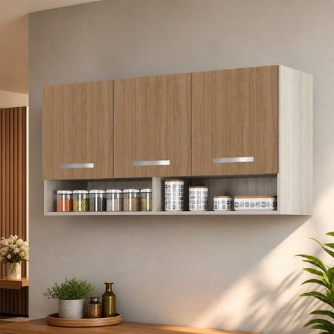 Armário Aéreo Multiuso Modulado 3 Portas 120 cm Montado em MDP – Amadeirado Cinza/Marrom