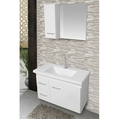 Kit Gabinete Cuba e Espelheira 74cm para Banheiro 100% Mdf:branco