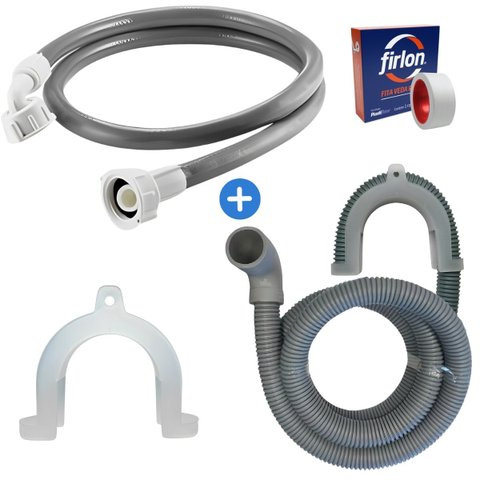 Mangueira Entrada + Saída Água Máquina De Lavar Universal 3m Metros Cinza + Curva Para Mangueira + F