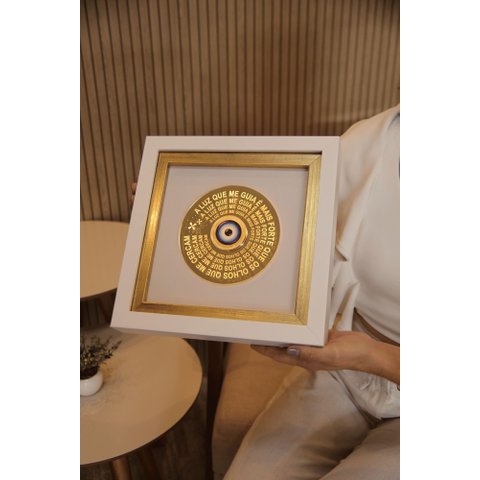 Quadro Olho Grego a Luz que Me Guia 28x28cm Acrílico Dourado Moldura Dupla Led