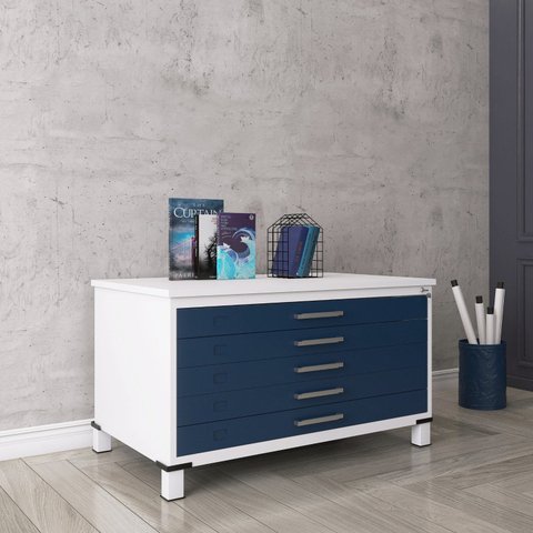 Mapoteca Mont 5 Gavetas 71,3cm x 120,4cm Aço Cinza/Branco/Azul Delrei