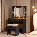 Ver imagem 1 de Penteadeira Lívia Espelho com Luzes 2 Gavetas + Banqueta para Maquiagem e Quarto - Preto/nature